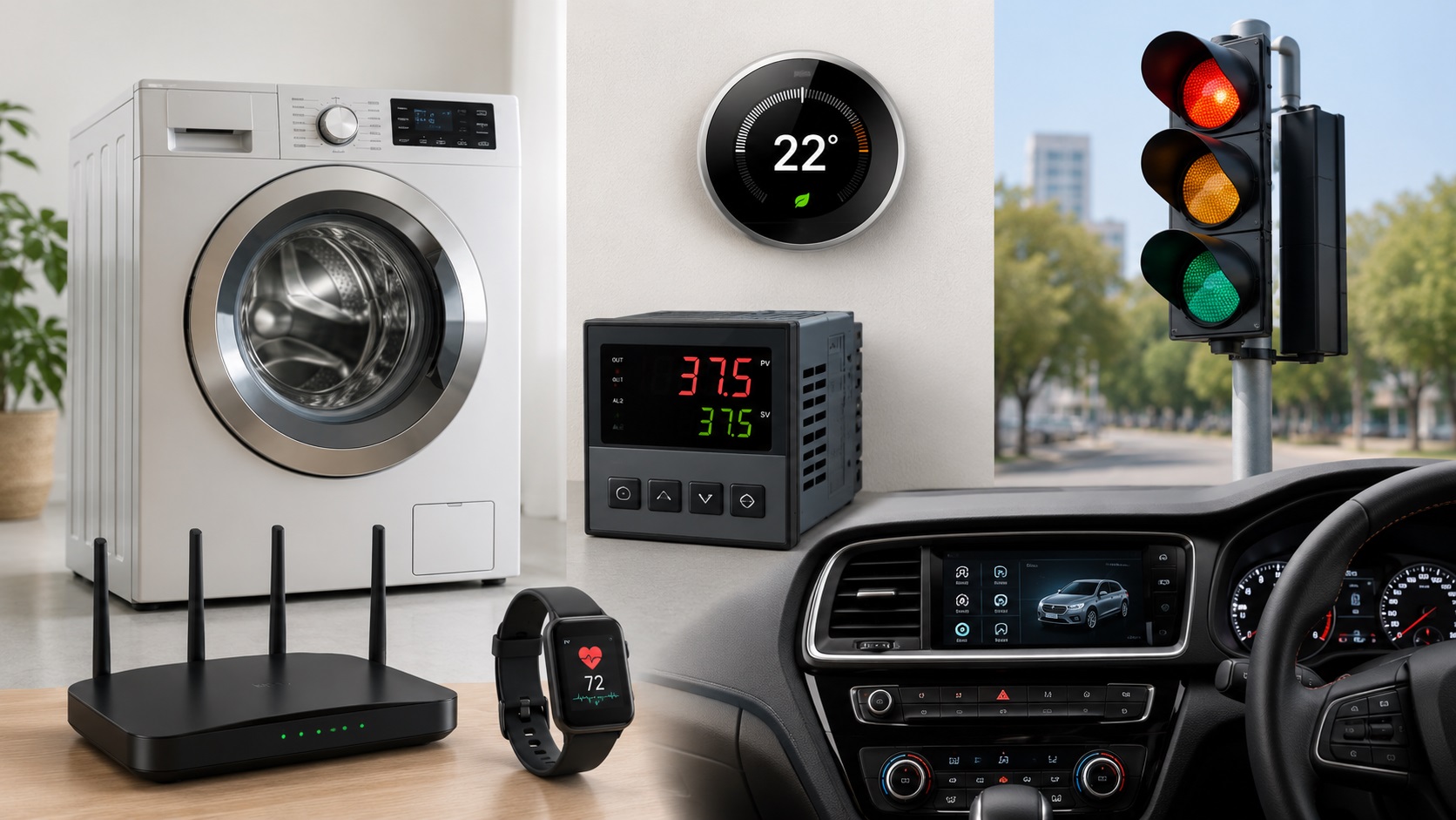 Examples of embedded systems including appliances, vehicles, traffic lights, and industrial controllers