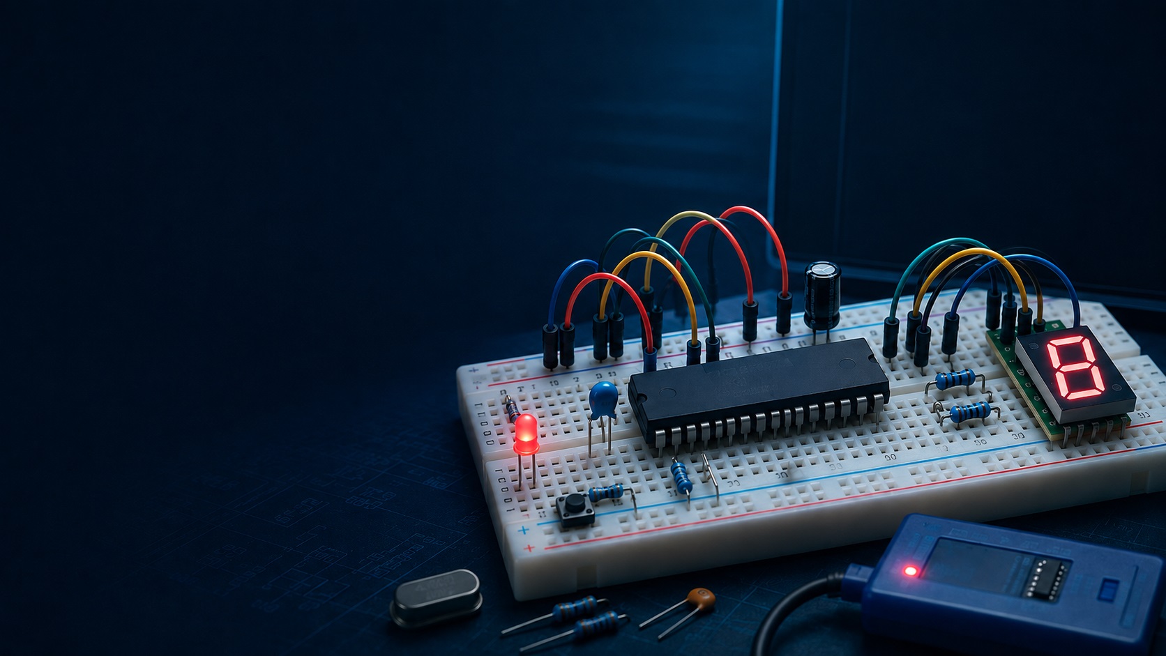 PIC microcontroller on a breadboard with LED, seven-segment display, and electronic components